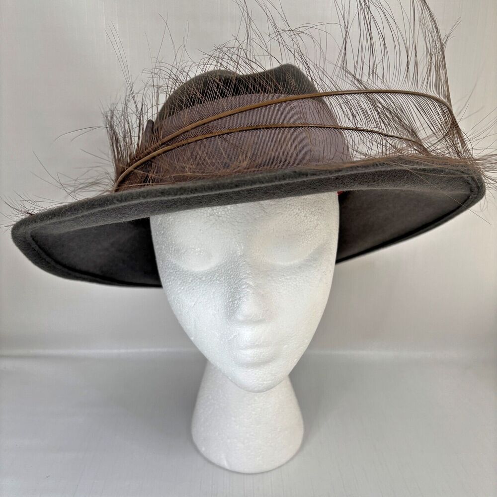 Georgi Gray Flet Fedora Hat Church Chic Feather Spectator Wide Brim Vintage